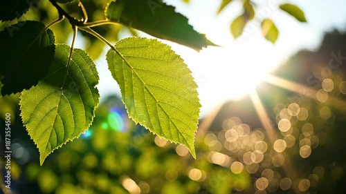 Vibrant green leaves on a tree branch are beautifully illuminated by warm golden sunlight creating a stunning natural backdrop with soft bokeh and lens flare evoking feelings of freshness growth and .