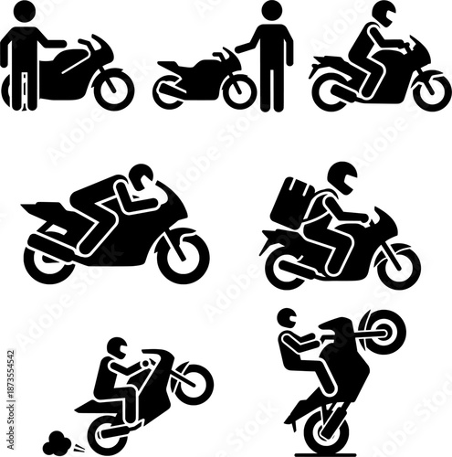 Motorbike Rider Actions Including Stunts, Racing, and Courier Service Icons