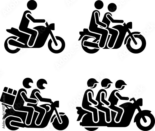 Motorcycle Passenger and Ride Sharing Stick Figure Pictogram Set