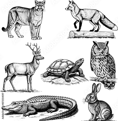 Photography Wild Animals Fauna Collection Hand Drawn Engraving Style