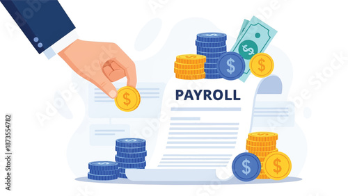 Hand placing a coin beside a payroll document surrounded by stacks of coins and dollar bills nearby