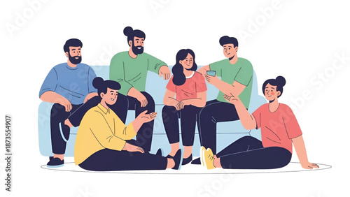 Illustration of six friends relaxed on a couch and floor, chatting and sharing a light moment warmly