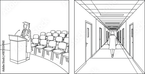 Graduate student in gown speaking at a podium in a lecture hall and walking down a school corridor