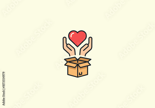 Vector Icon Concept Hands Offering Heart Above Donation Box - Symbol of Charity and Giving.