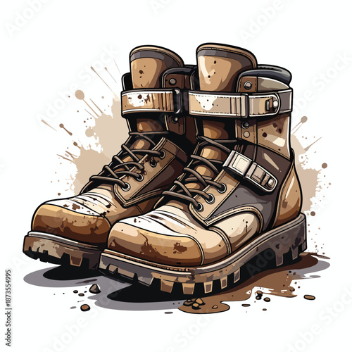 Detailed Vector Illustration of Dirty Work Boots for Rugged Outdoor Activity