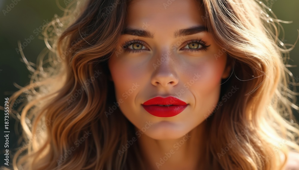 Fototapeta premium Attractive woman with wavy brown hair and bright red lips smiles warmly. Sunlight catches her face highlighting green eyes. She has natural makeup.