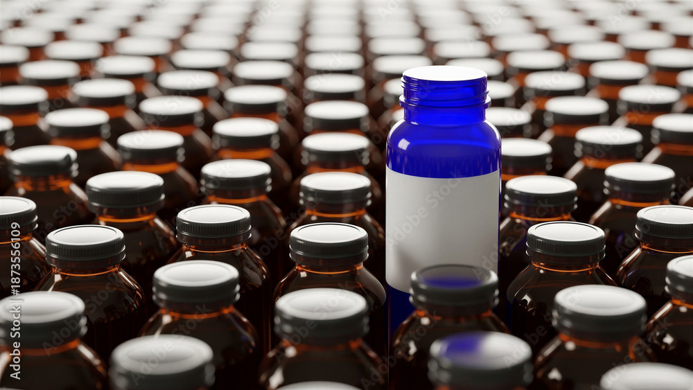 Obraz premium Single blue bottle standing out among many brown bottles in a creative arrangement