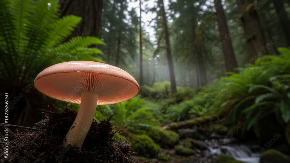 Fototapeta premium Closeup of a pink mushroom growing in a lush green forest with soft sunlight filtering through