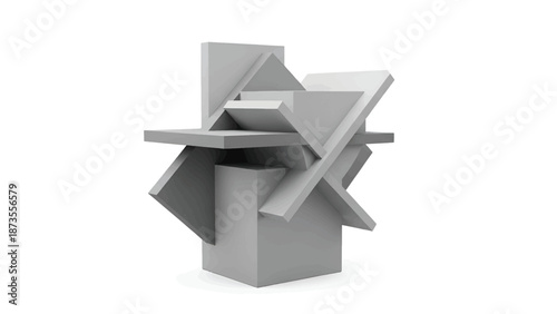 Monochrome abstract sculpture of intersecting angular planes and a central rectangular block massive