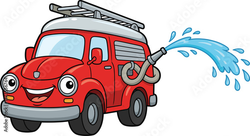 Cute cartoon fire truck spraying water, smiling rescue vehicle illustration, emergency service concept, kids design, safety education, firefighting transport, colorful vector artwork