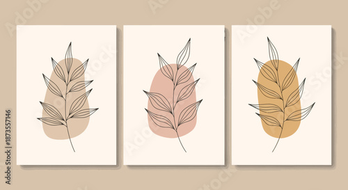 A set of three leaf illustrations in different colors on white background.