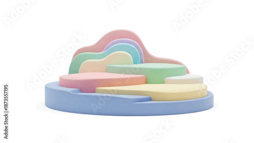 Pastel layered rounded foam platforms in soft mint, pink, blue and cream tones on white and minimal