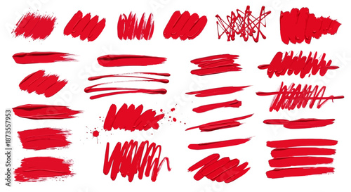 A creative set of red lips prints featuring artistic watercolor splashes and grunge ink textures designed with hand-drawn heart shapes and liquid paint brush strokes for a vibrant love illustration