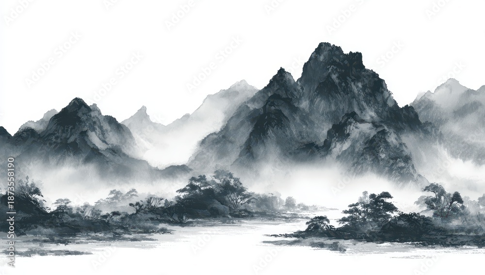 Obraz premium Vibrant photo of Traditional Chinese ink wash painting of misty mountains and forests, isolated on white background.