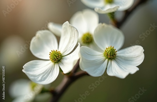 Close up of white dogwood flowers blooming on a tree branch in spring. Delicate petals unfurl revealing green centers, capturing natural beauty.