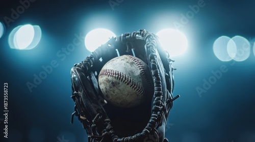 Baseball glove catching a ball under stadium lights (1)