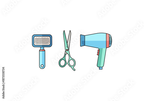 Vector Icon Concept Grooming tools - brush, scissors, and hair dryer for pet care.