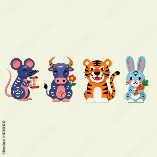 Four stylized cartoon animals representing the Chinese zodiac signs: a mouse, an ox, a tiger, and a rabbit.