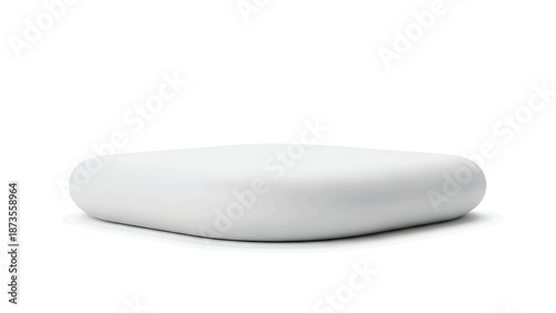Smooth low rounded white pedestal with soft shadows on minimalist white background, studio lit light