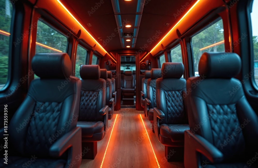 Fototapeta premium Luxury minibus interior with black leather seats and ambient orange lighting. Comfortable seating arrangement for passengers traveling on a journey. Modern van cabin.