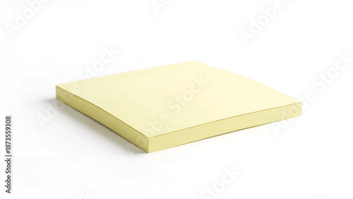 Square pale-yellow notepad resting on white surface, low-angle perspective with soft shadowing edges