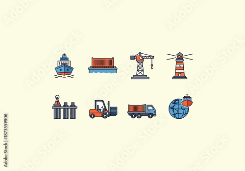 Vector Icon Concept Icons of global shipping and logistics industry elements.