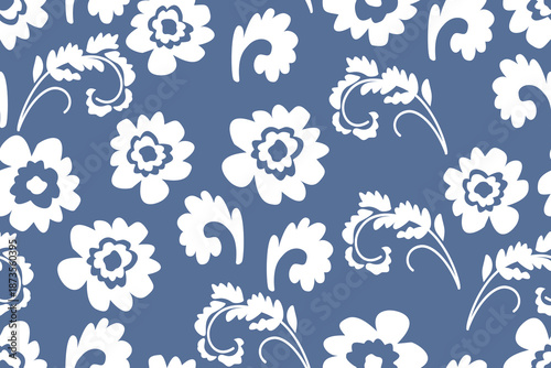 Seamless floral patterns in a botanical style, hand-painted using the Ikat technique, suitable for all types of textiles.	