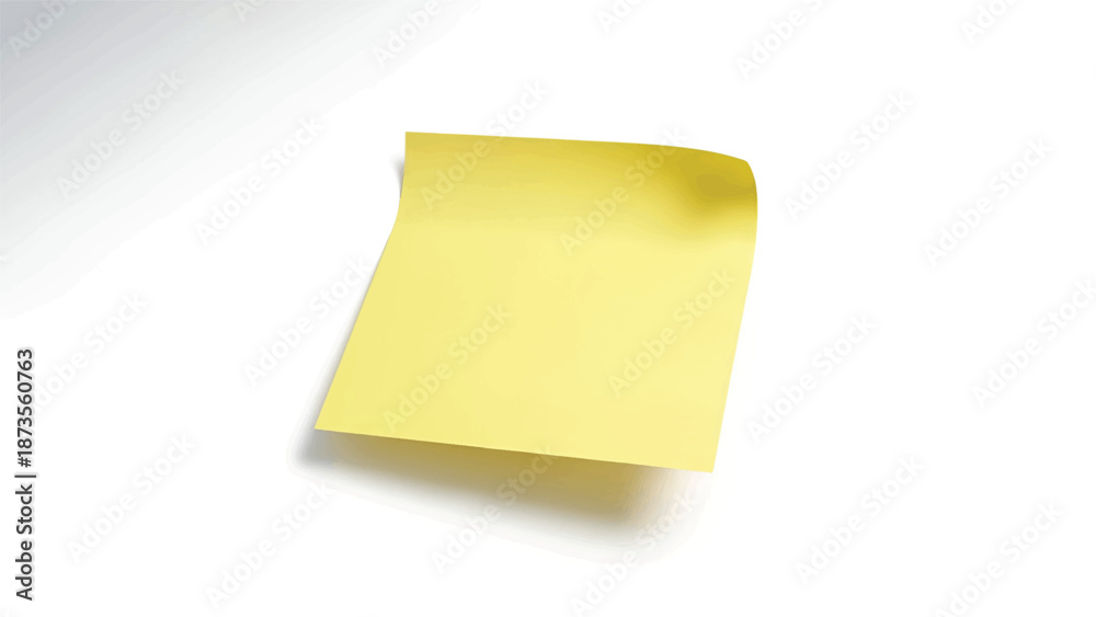 Fototapeta premium Yellow sticky note with curled top-right corner casting soft shadow on clean white background subtle