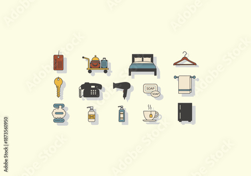 Vector Icon Concept Hotel Amenities Icons - Luggage, Bed, Hanger, Key, Phone, Hairdryer, Soap, Towel, Shampoo, Tea.