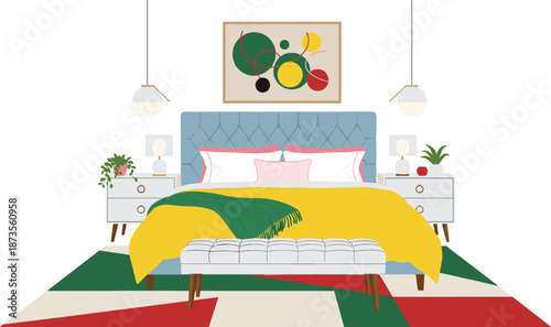 Modern bedroom interior design with double bed yellow blanket geometric rug abstract wall art and bedside lamps flat vector illustration