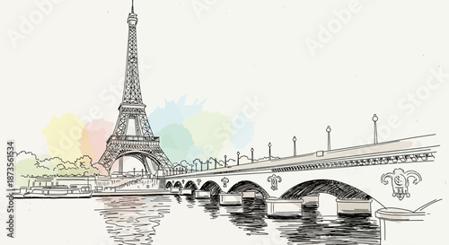 Eiffel Tower and bridge over the Seine River in Paris, France.