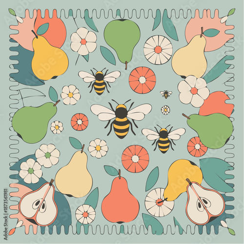 buzz and bloom: bees, pears, and petals swirl in a light-blue dance of nature’s harmony