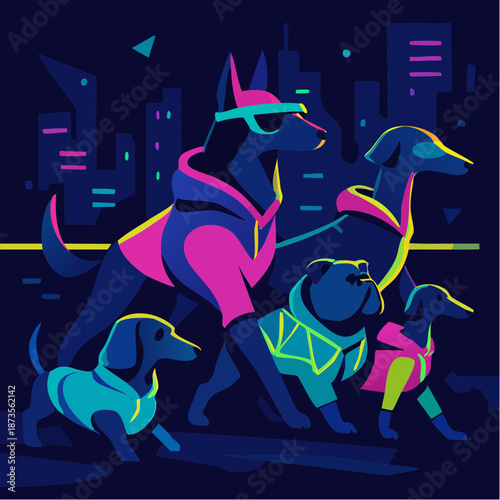neon pack: five fashion-forward dogs strut the city night in glowing gear and urban swagger
