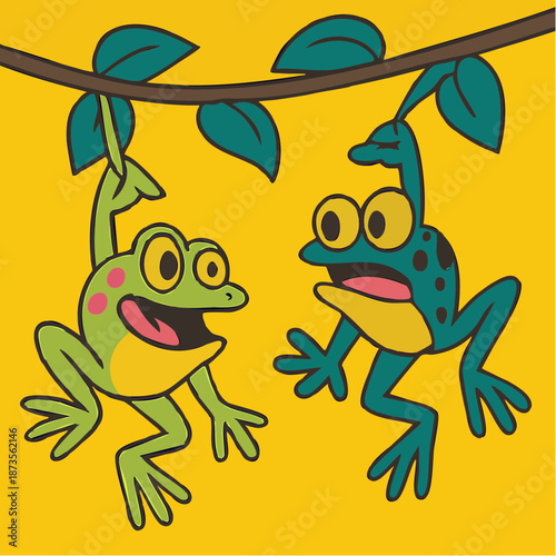 branch buddies: two frogs dangle in delight—one bold, one baffled—against a sunny splash of yellow