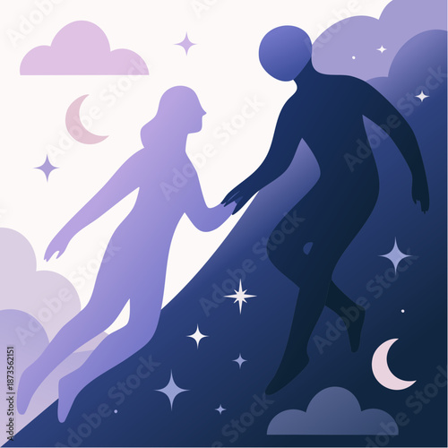 celestial reach: two figures float between moonlit skies in a dance of duality and connection