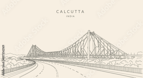 Illustration of the iconic Howrah Bridge in Calcutta, India, a prominent landmark and symbol of the city.