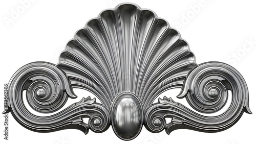 Ornate silver shell decorative element isolated on transparent background