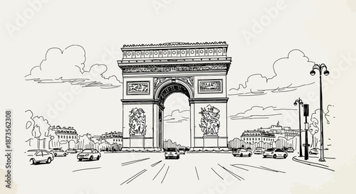 Detailed black and white illustration of the Arc de Triomphe in Paris, France, with surrounding cityscape and traffic.