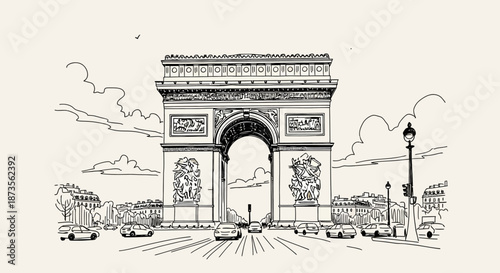 Detailed black and white illustration of the Arc de Triomphe in Paris, France.