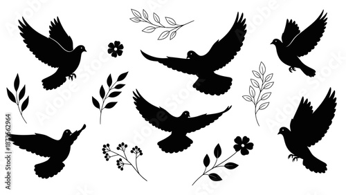 Birds Gathering on Branches, Nature Scene, Black Silhouette Illustration