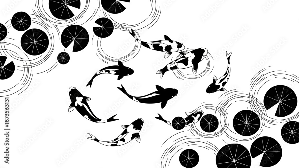Fototapeta premium Dynamic Koi Fish Swimming Among Water Lilies in Tranquil Pond