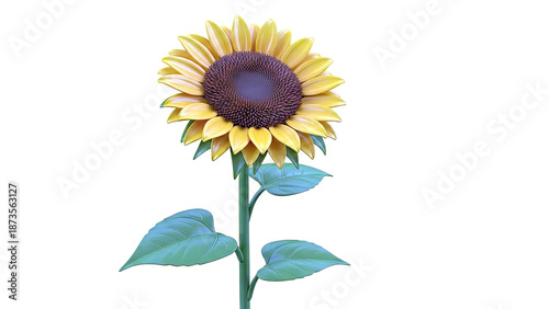 Single Sunflower with Green Stem and Leaves on White Background