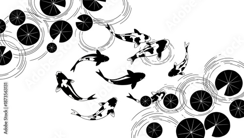 Dynamic Koi Fish Swimming Among Water Lilies in Tranquil Pond