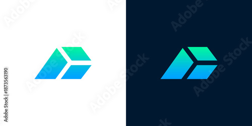 Modern abstract geometric letter A or arrow logo design, featuring a dynamic blue-green gradient, ideal for technology, startup, or forward-thinking business branding and digital concepts