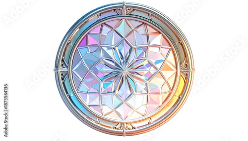 Circular stained glass with geometric facets, metallic frame, radiant light