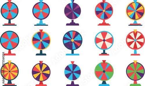 Flat style vector icon set of various colorful fortune wheels for lucky draws gambling games and prize giveaways