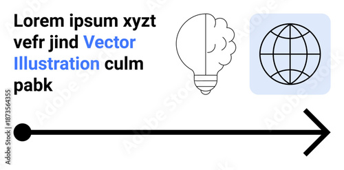 Innovation concepts, creativity, globalization, knowledge sharing, direction, education. Minimal design with light bulb, globe icon and arrow. Innovation and creativity concept