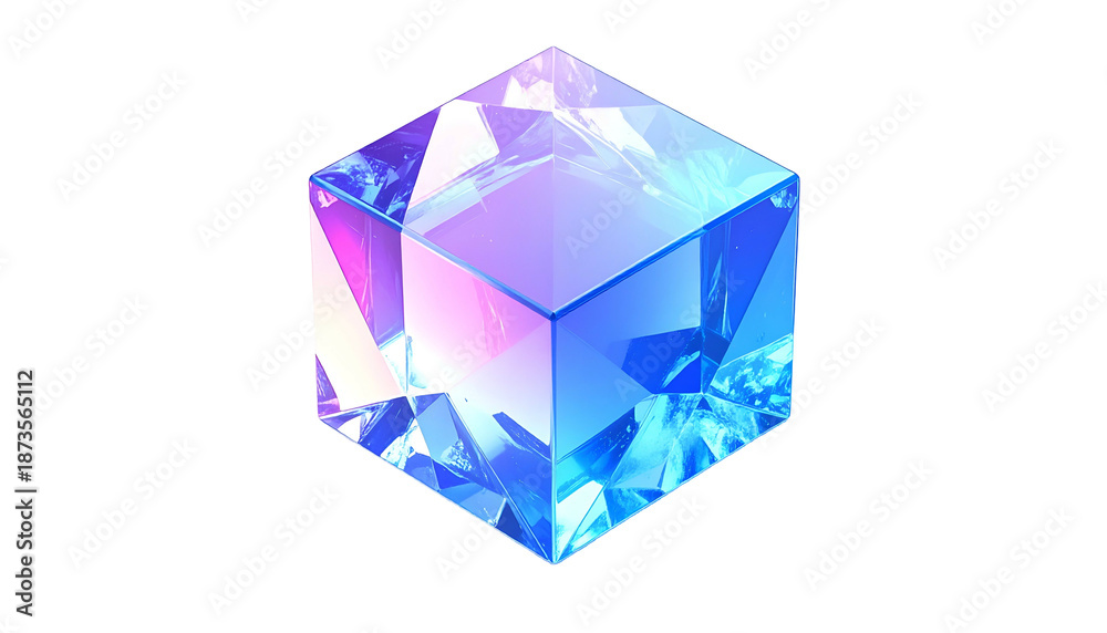 Fototapeta premium Illuminated crystalline cube reflecting iridescent light on a black backdrop