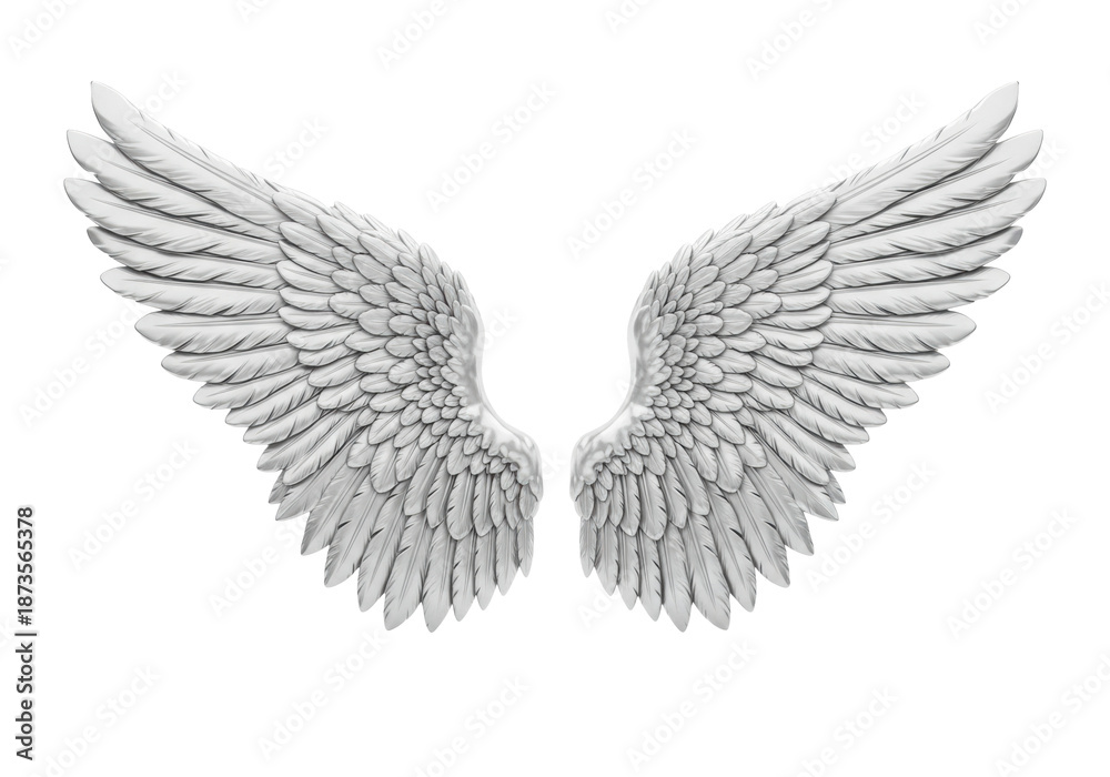 Obraz premium highly polished, bright white platinum angel wings, intricately sculpted with realistic layered feathers, isolated on a white studio background. concept of luxurious heraldry and divine success