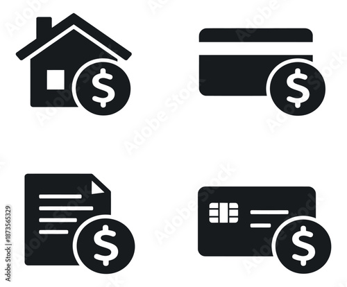 Modern glyph financial icons set featuring real estate, payments, and financial documents with dollar signs for banking and expense management